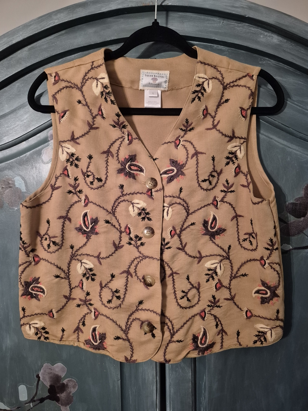 Vintage Susan Bristol Tan Embroidered Button-Front Womens Vest